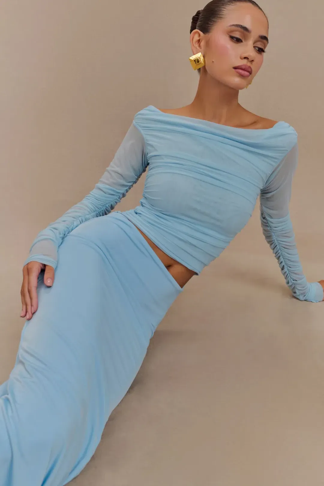 Darla Mesh And Slinky Off Shoulder Maxi Dress - Sky Blue for rent on The Volte - main image