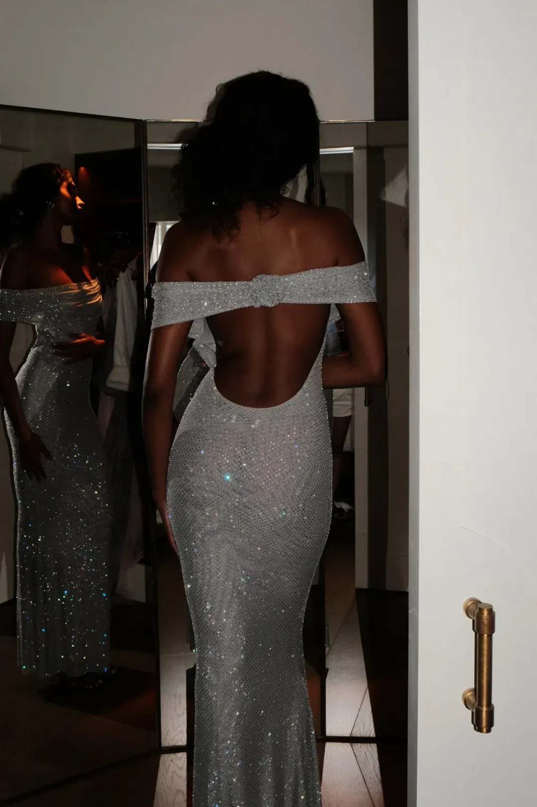 Arna Off Shoulder Diamante Maxi Dress - Silver for rent on The Volte - main image