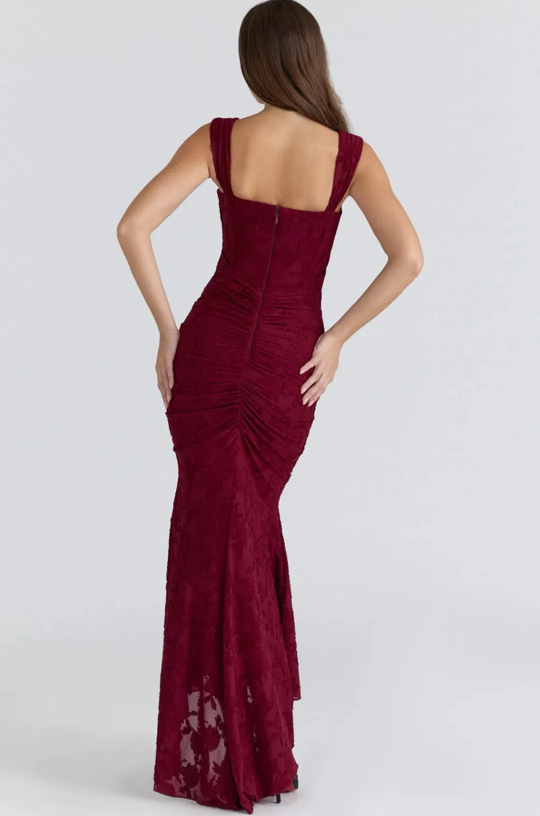 HOUSE OF CB Cesca Wine Floral Lace Corset Maxi Dress Size S for rent on The Volte - main image