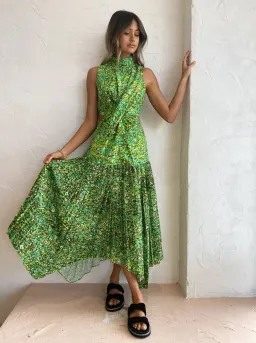 Alemais Phyllis Twist Front Pleat Dress in Acid Green Size 12 for rent on The Volte - image 1