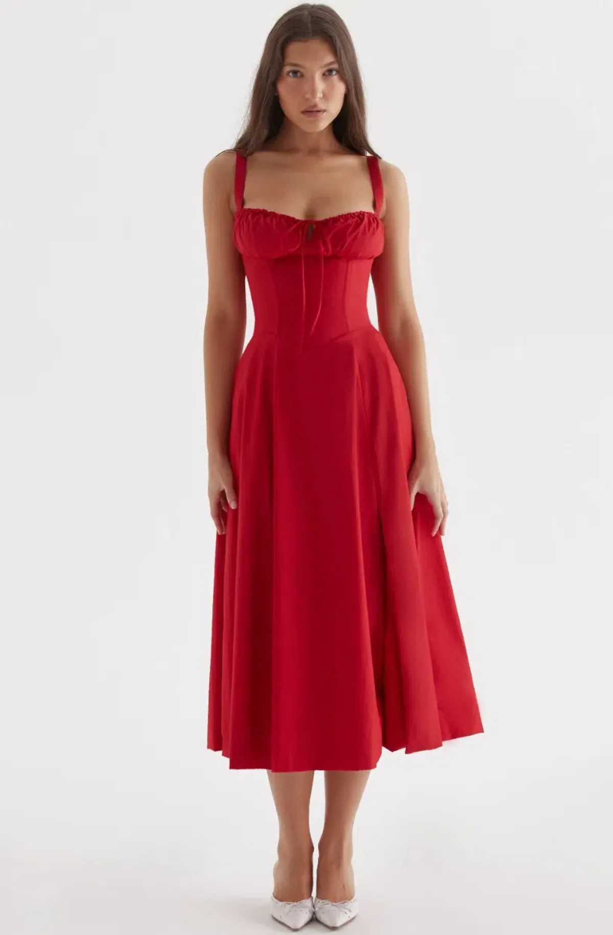 HOUSE OF CB Carmen Red Rose Bustier Sundress Size L+ Bigger Cup D-E for rent on The Volte - main image