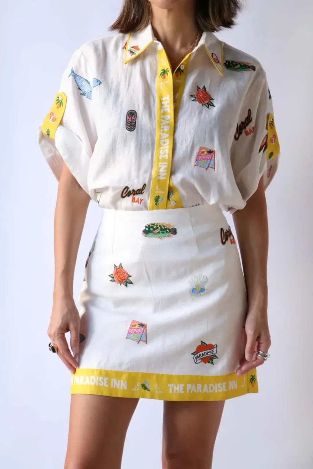 ALEMAIS Blue Marlin Embroidered Shirt & Skirt Set Size 10 AU for rent on The Volte - main image