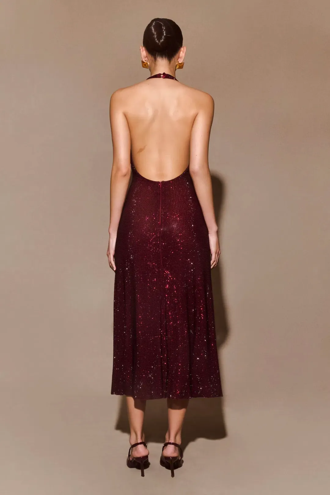 Meshki - Genie Diamante Halter Midi Dress - Mahogany - Size M for rent on The Volte - main image