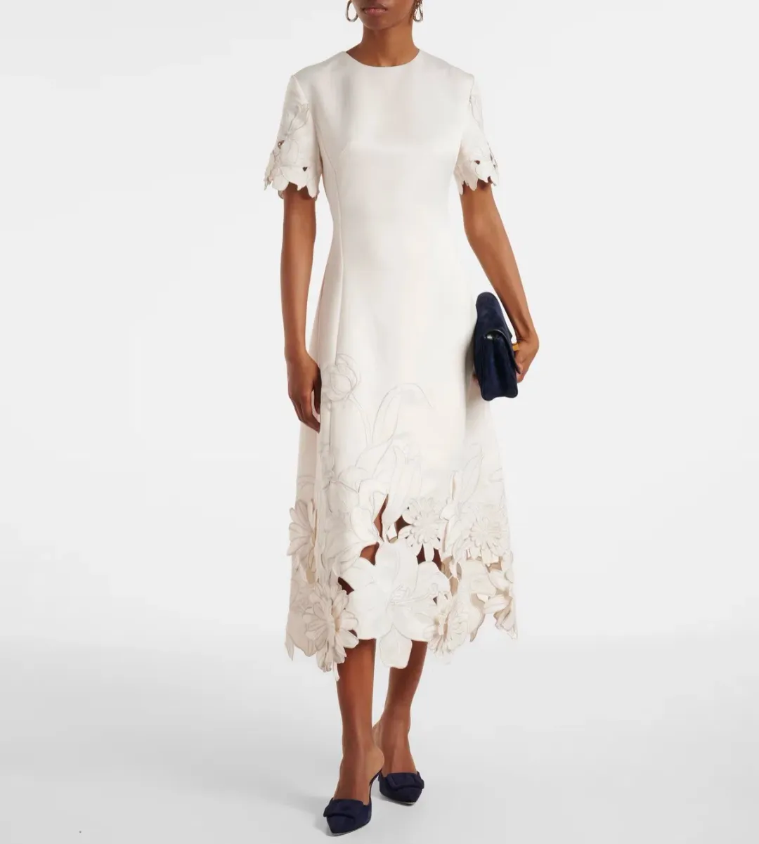 Leo Lin Caroline Applique Short Sleeve Midi Dress Ivory Size 10 for rent on The Volte - main image