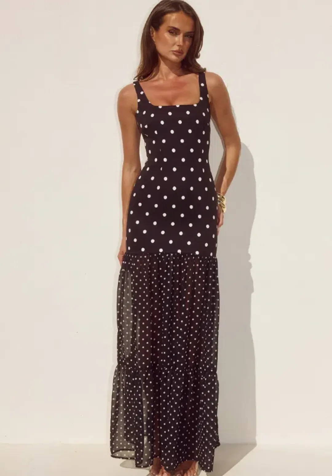Runaway The Label Tillie Sheer Bottom Maxi Dress - Black/White Polka Size 12 for rent on The Volte - main image