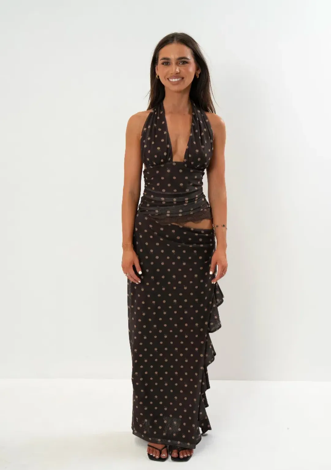 Benni Penelope Maxi Dress Espresso Chocolate Polka Dot 10 for rent on The Volte - main image