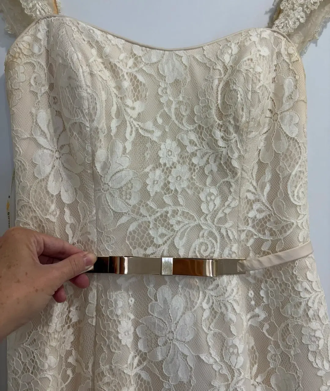 Maggie Sottero “Trinity” Wedding Dress in Champagne, Size 10 for rent on The Volte - main image