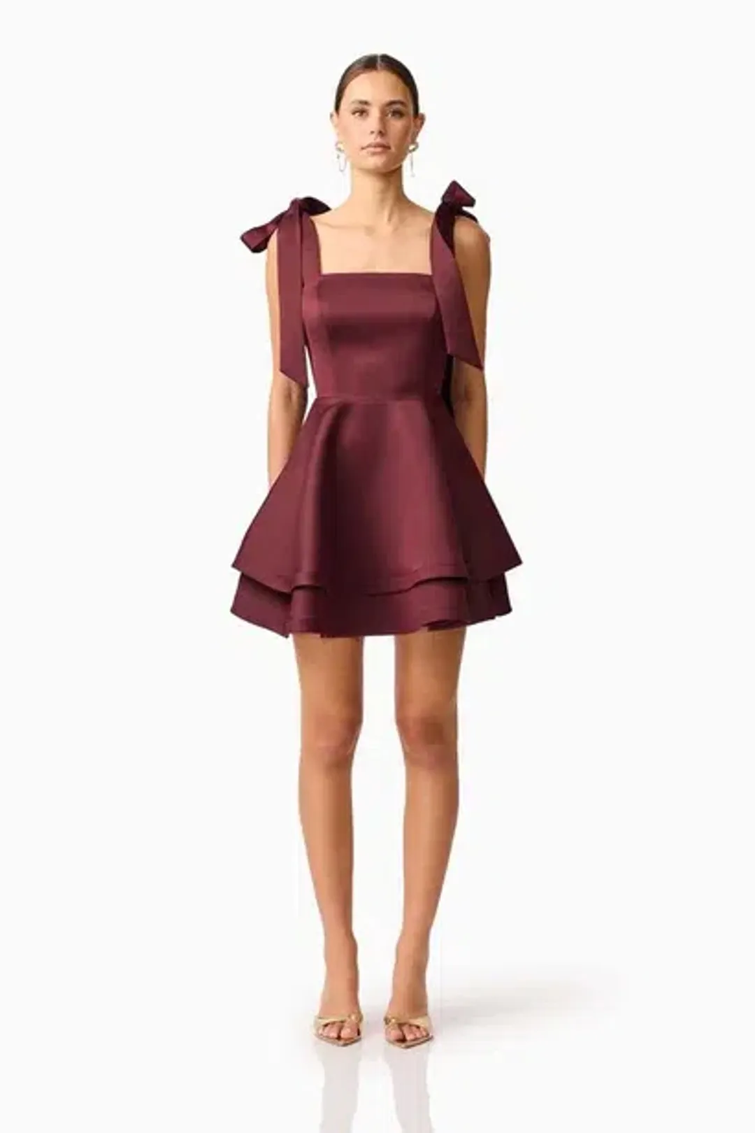 Elliatt Livia tiered mini dress burgundy size S for rent on The Volte - main image