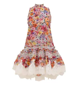 Zimmermann Luna Shirred Lantern Mini Dress in Multi Floral Size 1 AU 10 for rent on The Volte - image 1