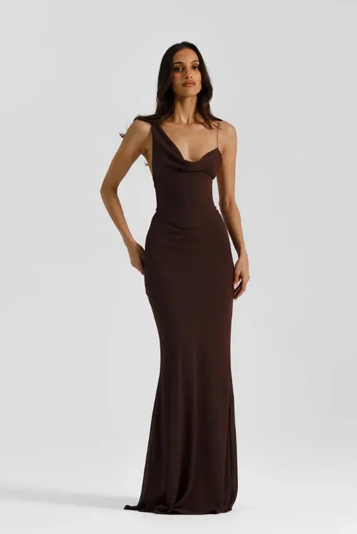 Natalie Rolt Hallie Gown in Espresso Size 8 for rent on The Volte - main image