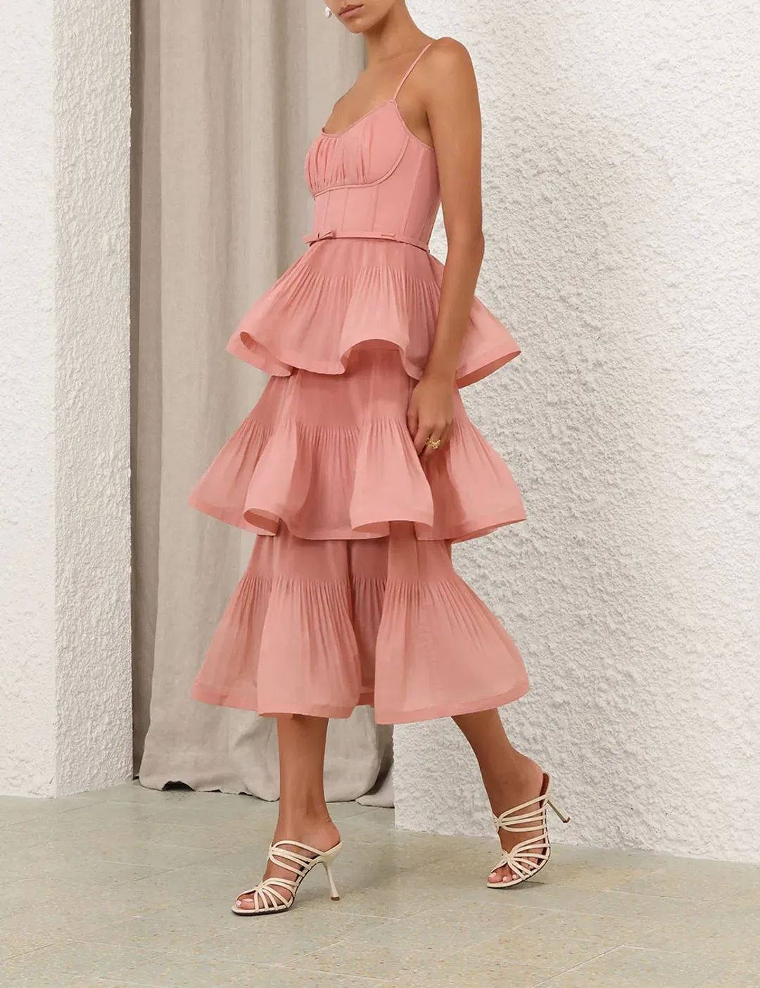 Zimmermann Dusty Pink Pleated Tiered Midi Dress s0 for rent on The Volte - main image