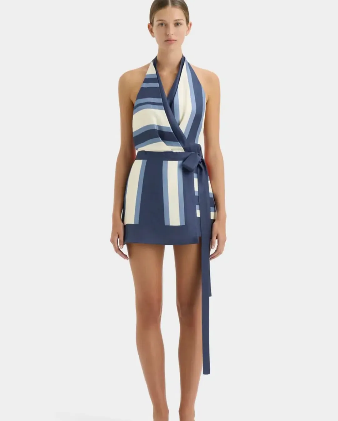 SIR the Label dazed wrap halter mini dress in studio print size 10 for rent on The Volte - main image