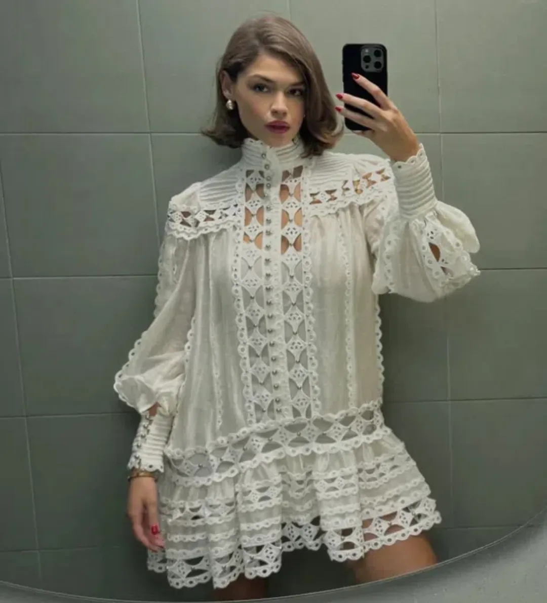 Zimmermann Moncur Studded Smock Lace Broderie Anglaise Mini Dress for rent on The Volte - main image
