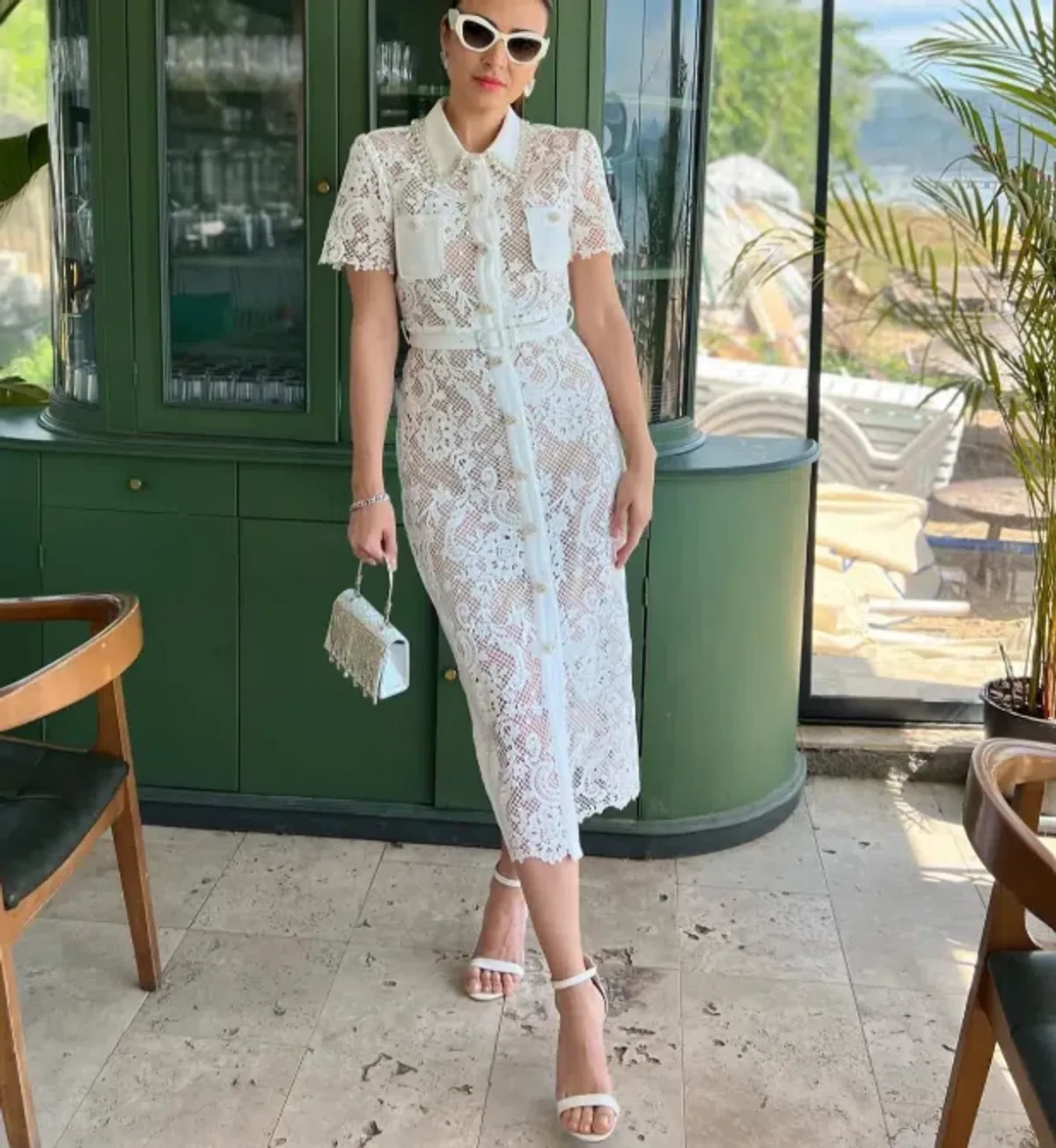 Self Portrait  White Lace Button Front Midi Dress for rent on The Volte - main image