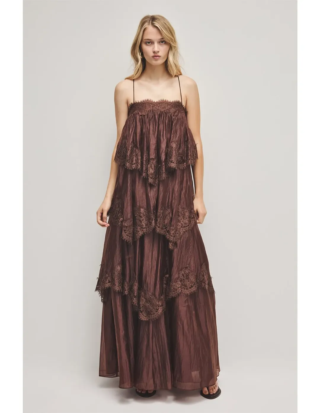 Aje Ophelia Lace Gown in Chocolate Size AU8 for rent on The Volte - main image