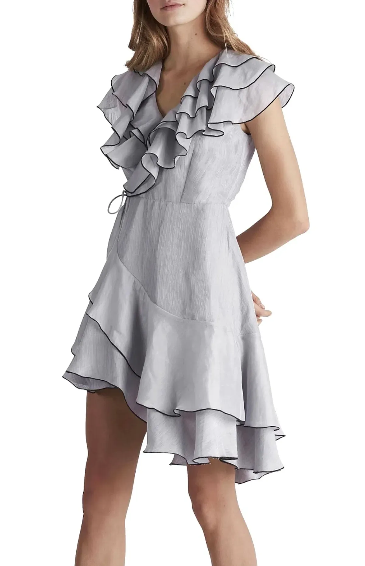 AJE Norburn Wrap Dress,  in Powder Blue with Black Trim. Size 12. for rent on The Volte - main image