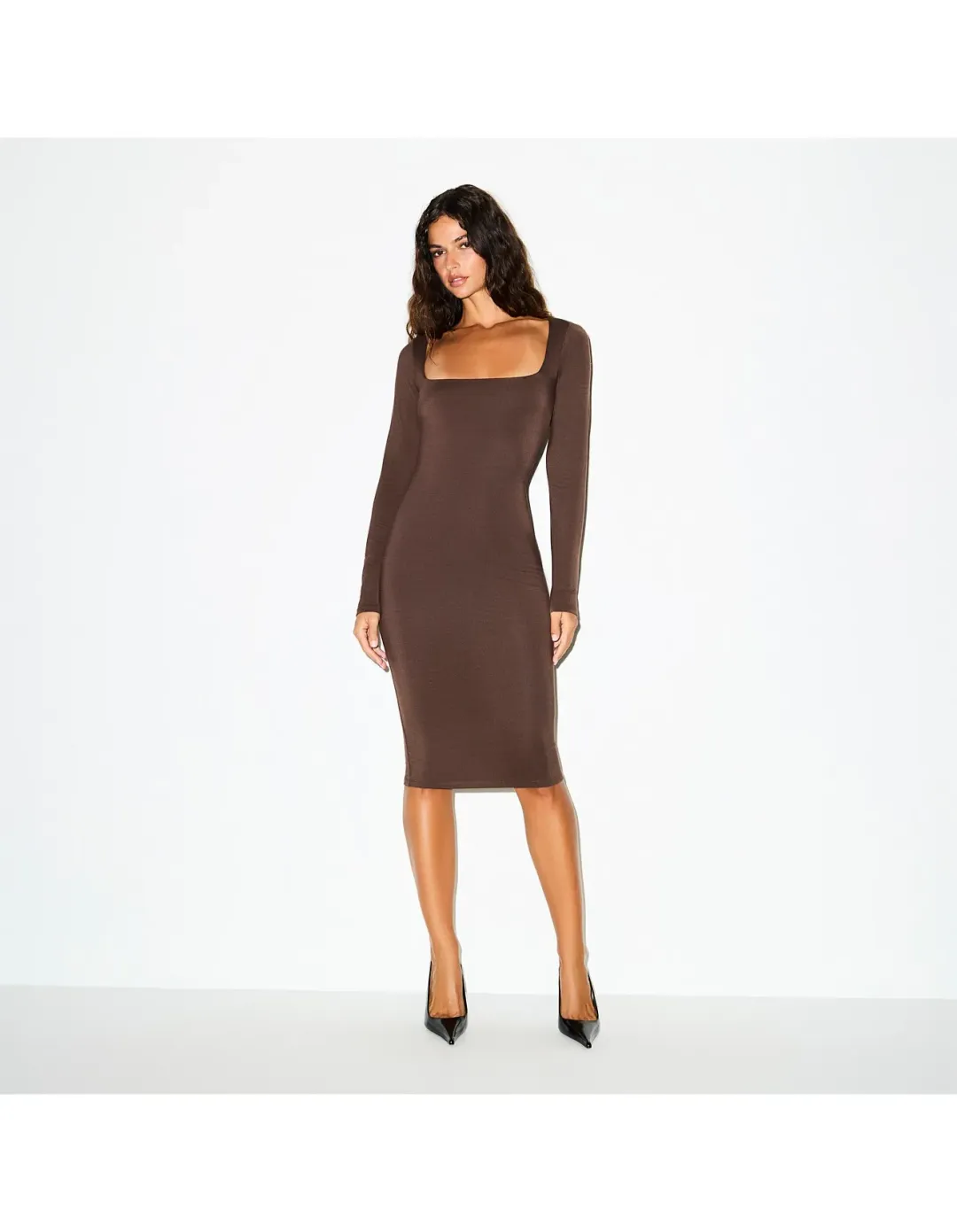 Skims Smooth Layers Square Neck Long Sleeve Midi Dress Brown Size XS for rent on The Volte - main image