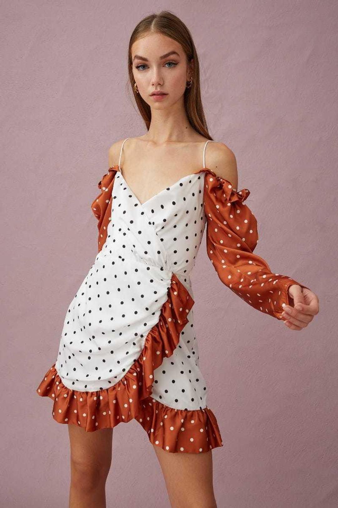 Keepsake The Label Butterflies Long Sleeve Mini Dress Tobacco Polkadot Dress Size 8 for rent on The Volte - main image