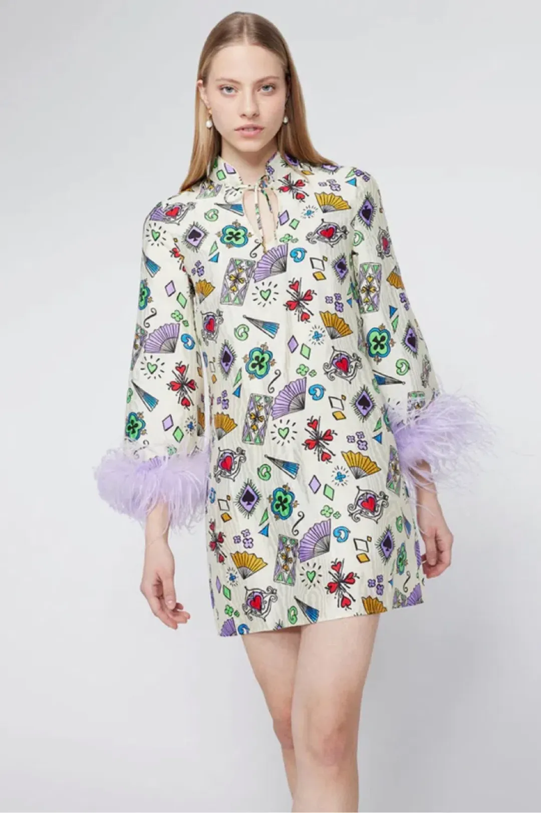 Kitri Carlotta Playing Cards Feather Mini Dress. Size 12 for rent on The Volte - main image