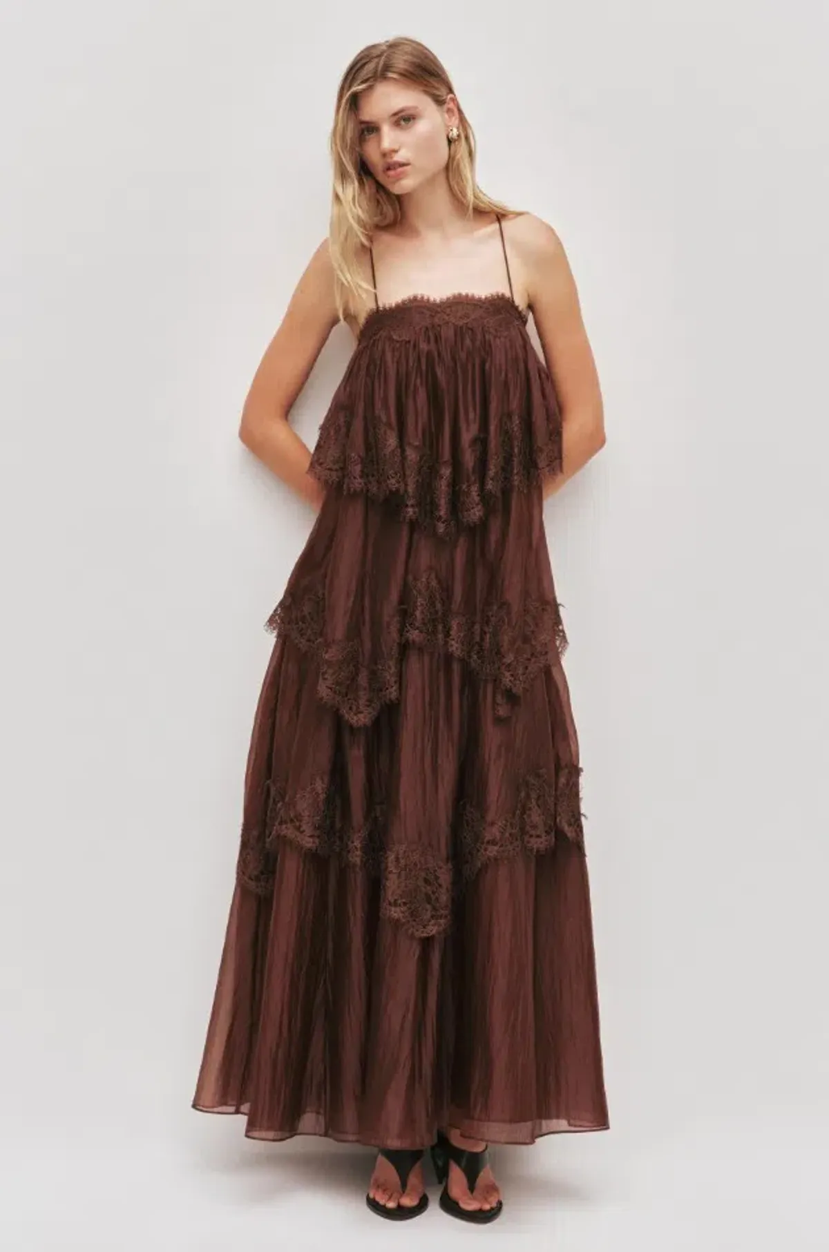Aje Ophelia Lace Gown Chocolate Brown Size 8 for rent on The Volte - main image