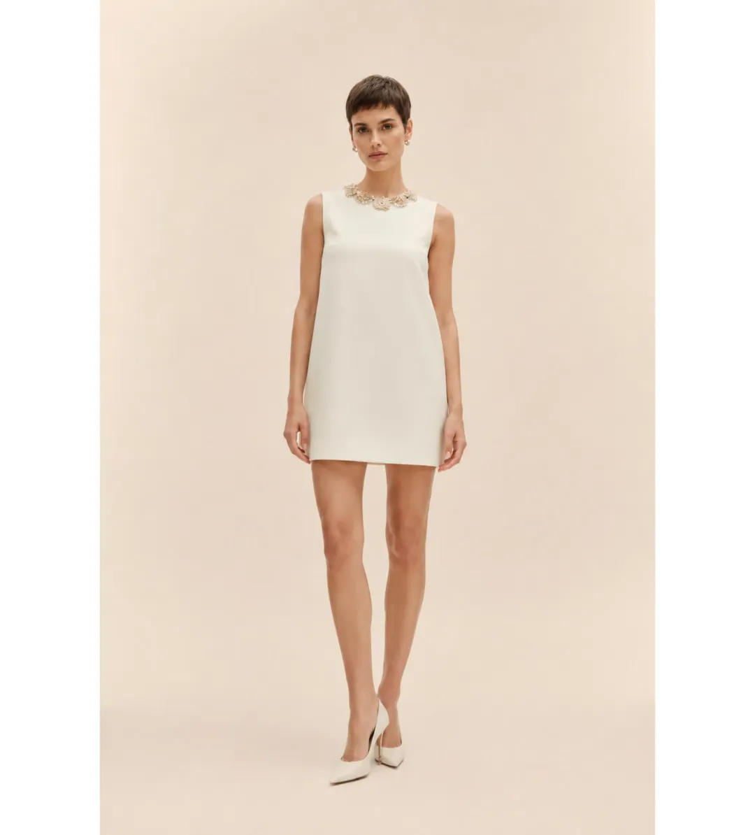 Rachel Gilbert Ludovica Shift Mini Dress with Crystal Embellishments in Ivory AU 8 - Hen's & Bachelorette Party Dress for rent on The Volte - main image