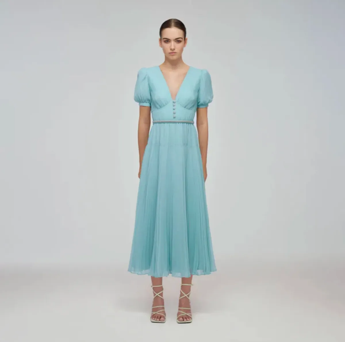 Blue Chiffon Diamanté Button Midi Dress Size 10 for rent on The Volte - main image