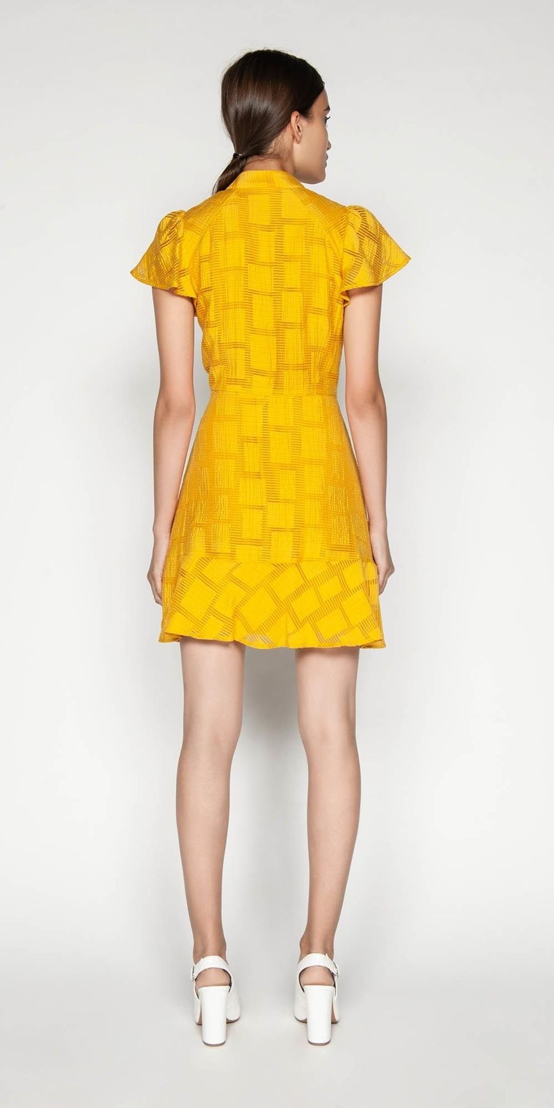 Cue Burnout Jacquard Fluted Sleeve Dress Yellow Size 14 for rent on The Volte - main image