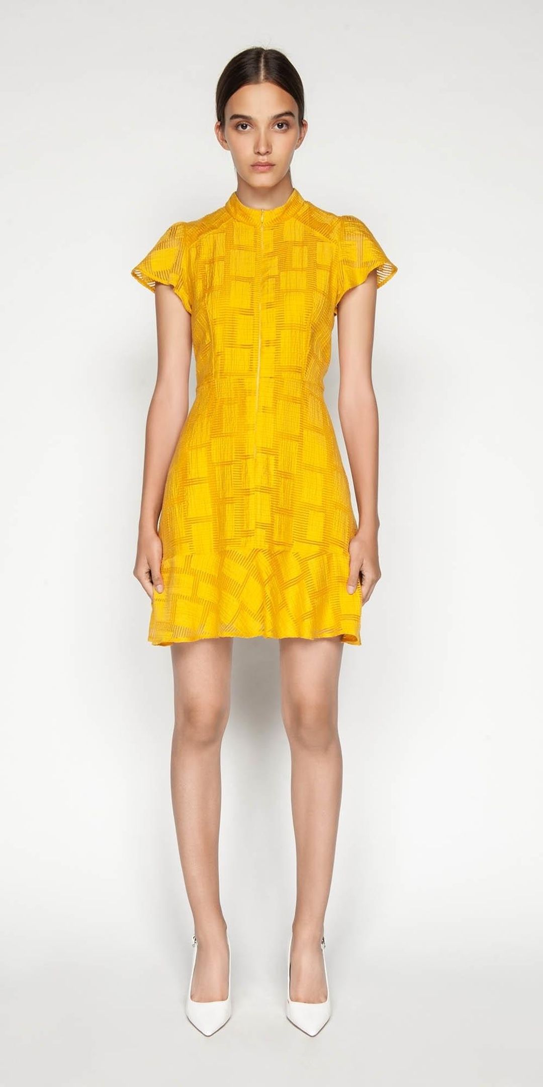 Cue Burnout Jacquard Fluted Sleeve Dress Yellow Size 14 for rent on The Volte - main image