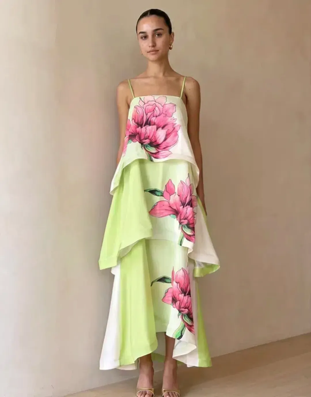 Elliatt Elisa Tiered Gown in Green and Pink Floral Size L AU 12 for rent on The Volte - main image