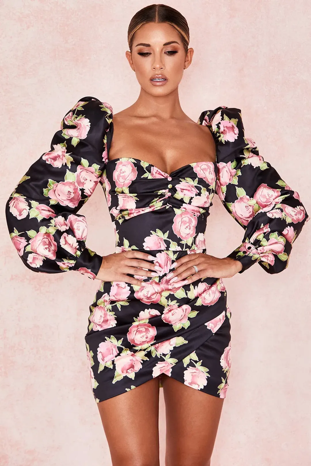 House Of CB Amaryllis Rose Print Puff Shoulder Dress NEW | Size M / Medium  for rent on The Volte - main image