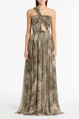 Carla Zampatti Size 12 Lindy Lee Moss Fierce Dragon Silk Button Gown for rent on The Volte - image 6