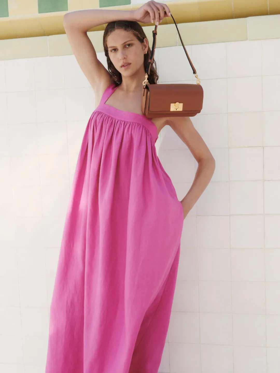 Oroton Bow Detail Fuchsia Pink Sundress Size 14 Linen Strappy Maxi Gown for rent on The Volte - main image