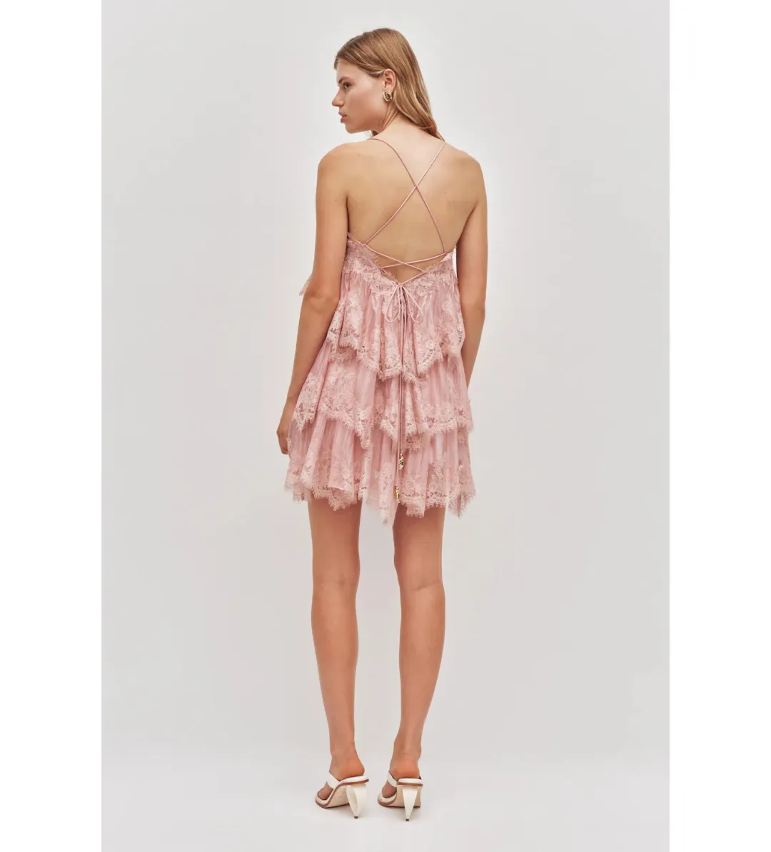 Aje Ophelia Lace Mini Dress in Fawn Pink Size AU10 for rent on The Volte - main image