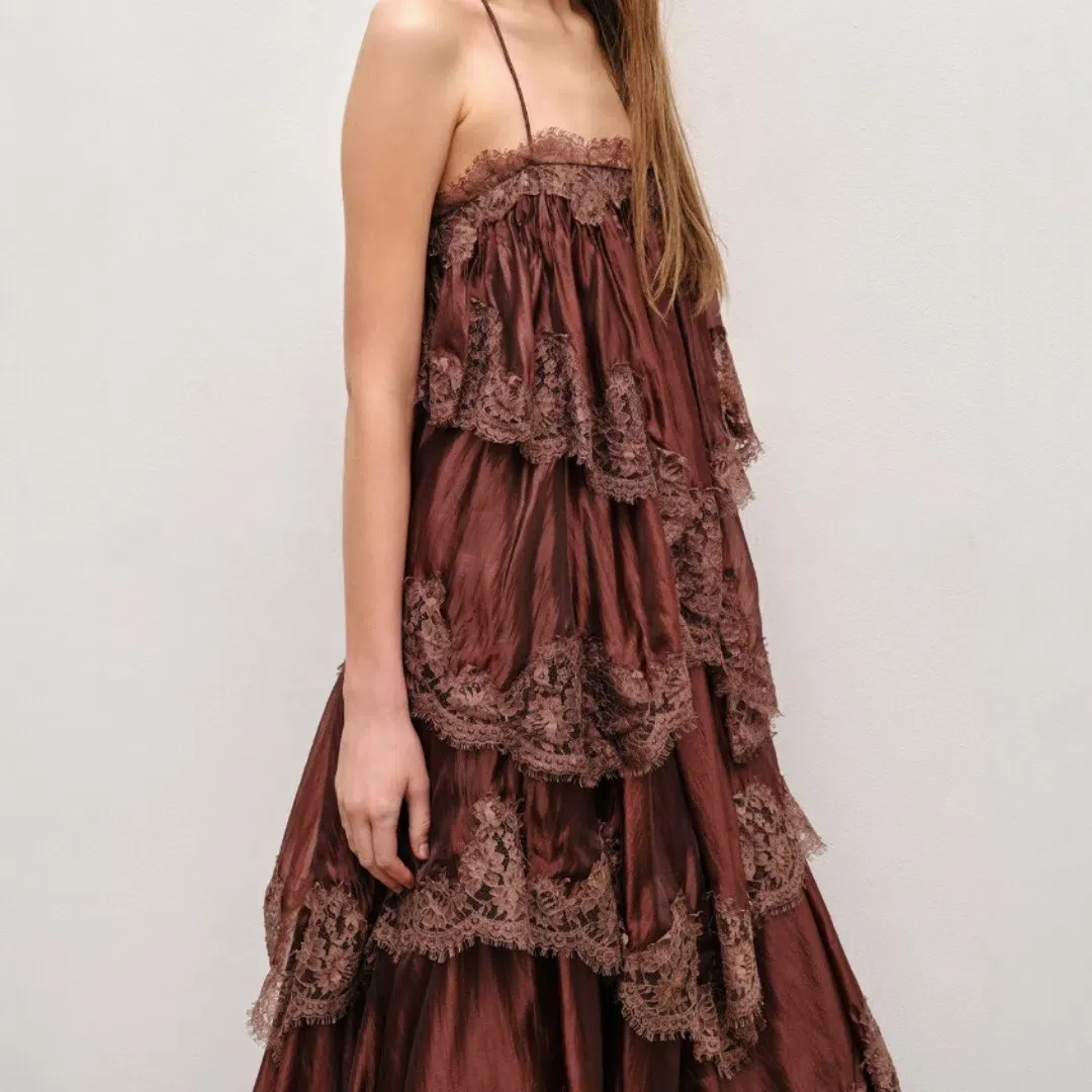 AJE Ophelia Lace Gown In Chocolate Size 10 for rent on The Volte - main image