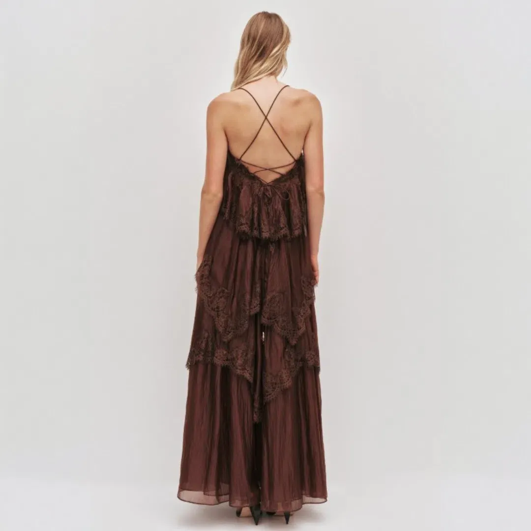 AJE Ophelia Lace Gown In Chocolate Size 10 for rent on The Volte - main image