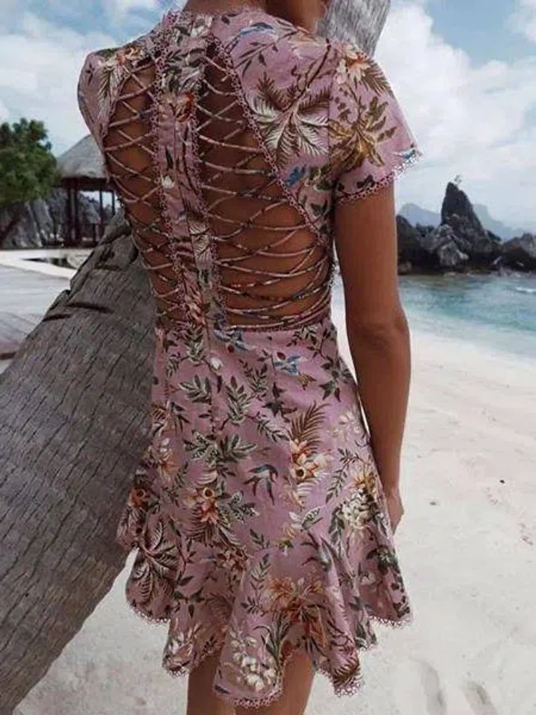 ZIMMERMANN TROPICALE LATTICE MINI DRESS PINK FLORAL | Size 0 AU 8 for rent on The Volte - main image