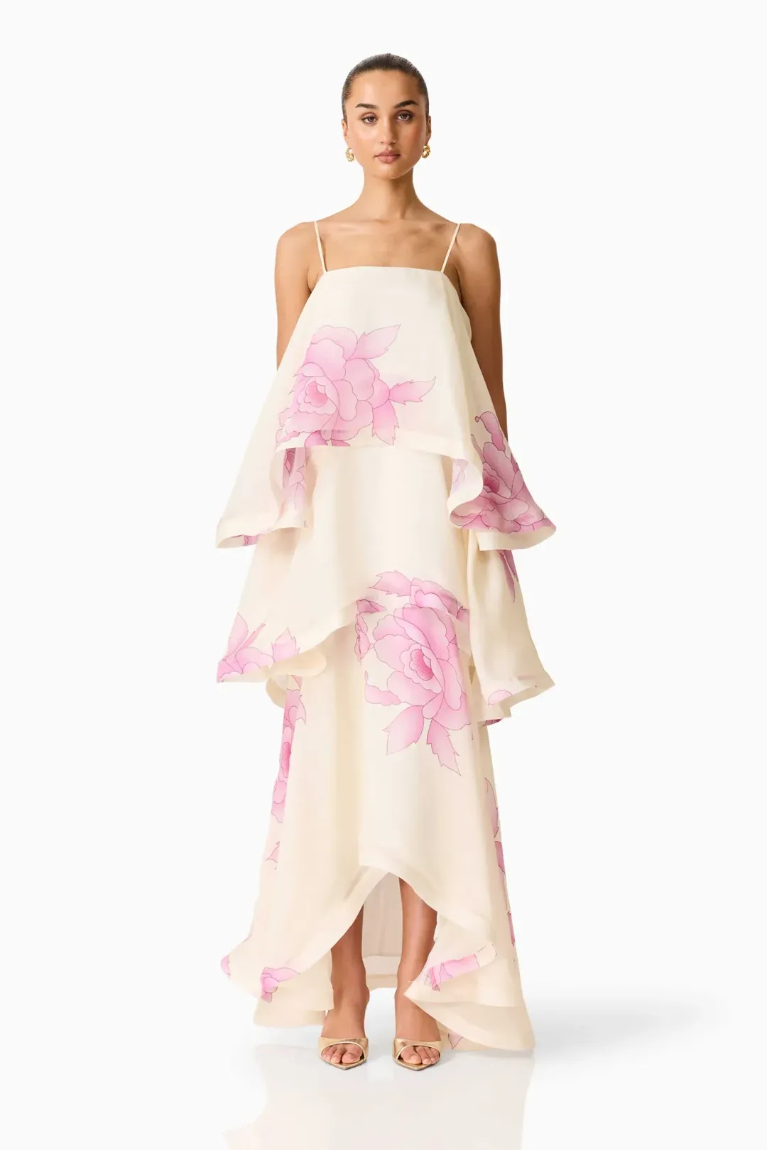 ELLIATT Rova Tiered Gown in Cream & Pink Floral for rent on The Volte - main image