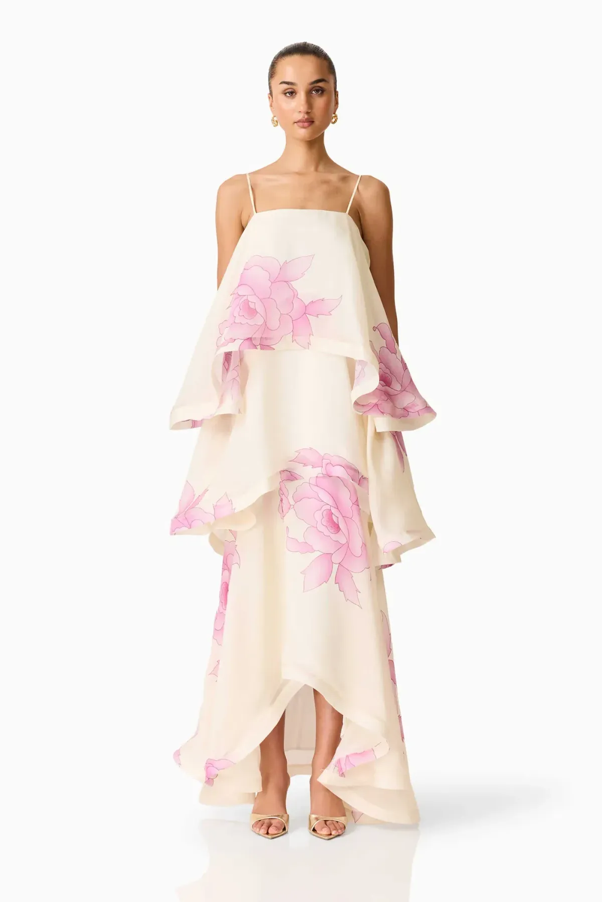 ELLIATT Rova Tiered Gown in Cream & Pink Floral for rent on The Volte - main image