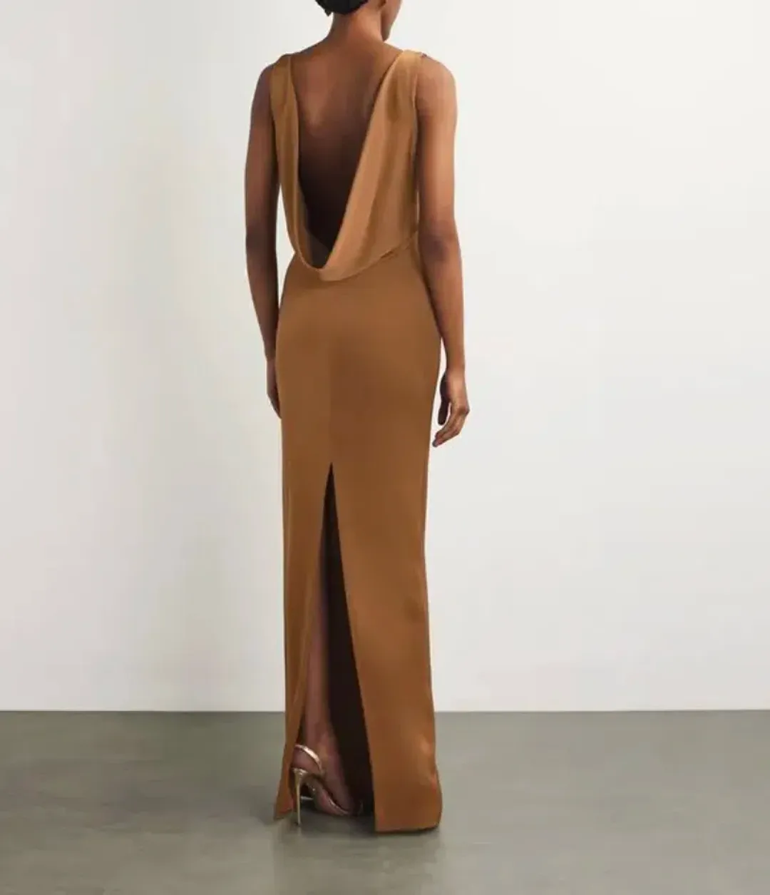 Alex Perry satin crepe draped back maxi dress in brown AU 14 for rent on The Volte - main image