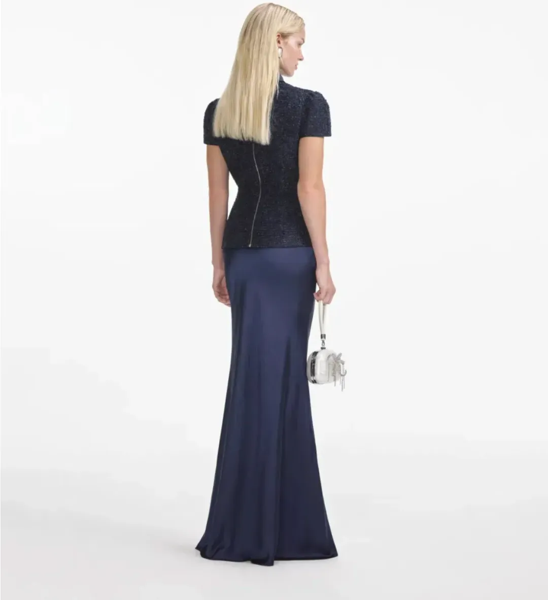 Self Portrait Navy Metallic Boucle Maxi Dress Size 6 for rent on The Volte - main image