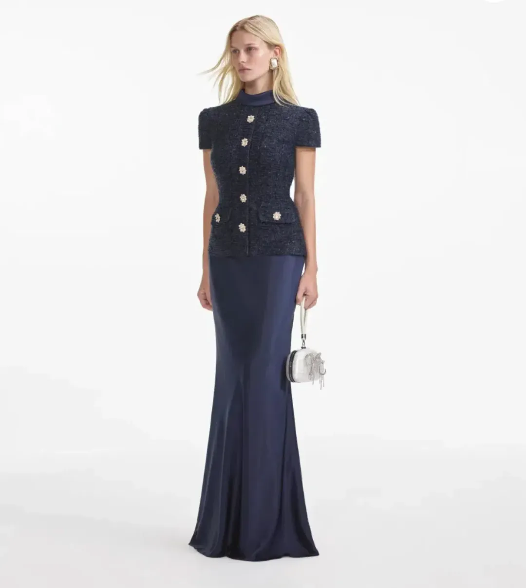 Self Portrait Navy Metallic Boucle Maxi Dress Size 6 for rent on The Volte - main image