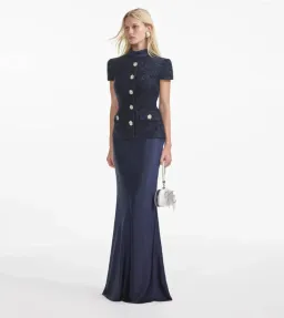 Self Portrait Navy Metallic Boucle Maxi Dress Size 6 for rent on The Volte - image 1