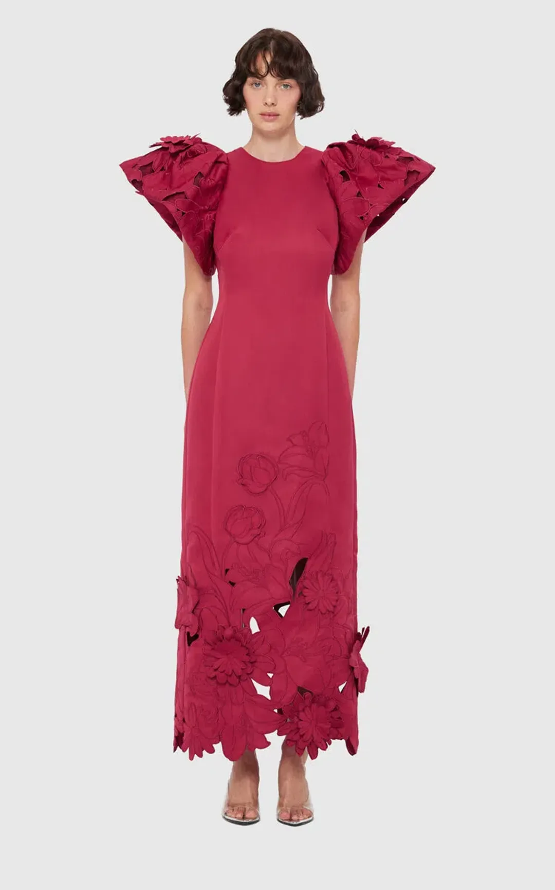 Leo Lin Exclusive Lucinda Floral-Appliquéd Cutout Crepe Maxi Dress Red Size 12 for rent on The Volte - main image