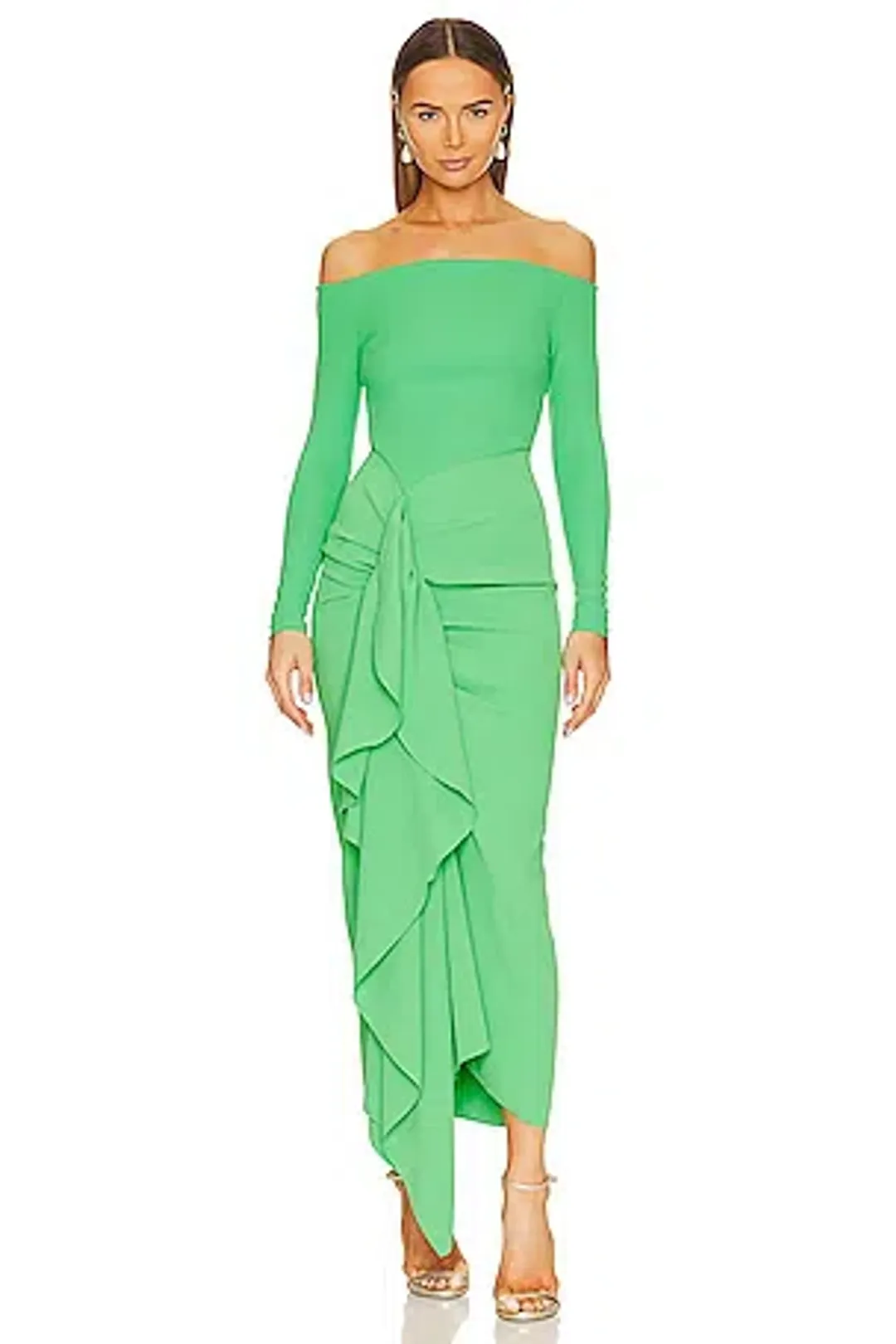 Solace London Off-the-shoulder Ruffled Dress Lotus Green Size 10 for rent on The Volte - main image