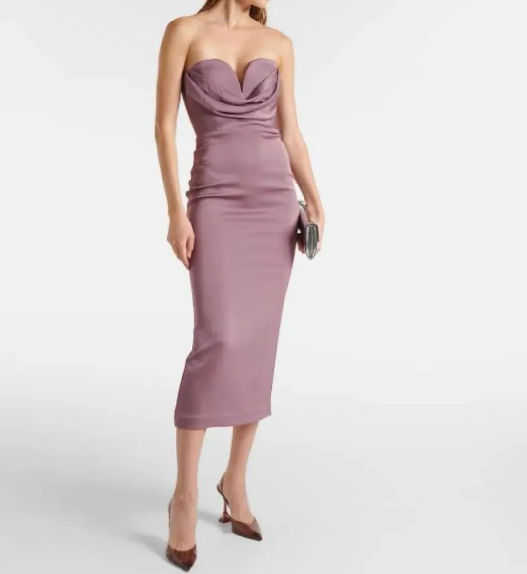 ALEX PERRY Strapless Draped Satin-Crepe Midi Dress Bridesmaid Dress in Purple AU 6  for rent on The Volte - main image