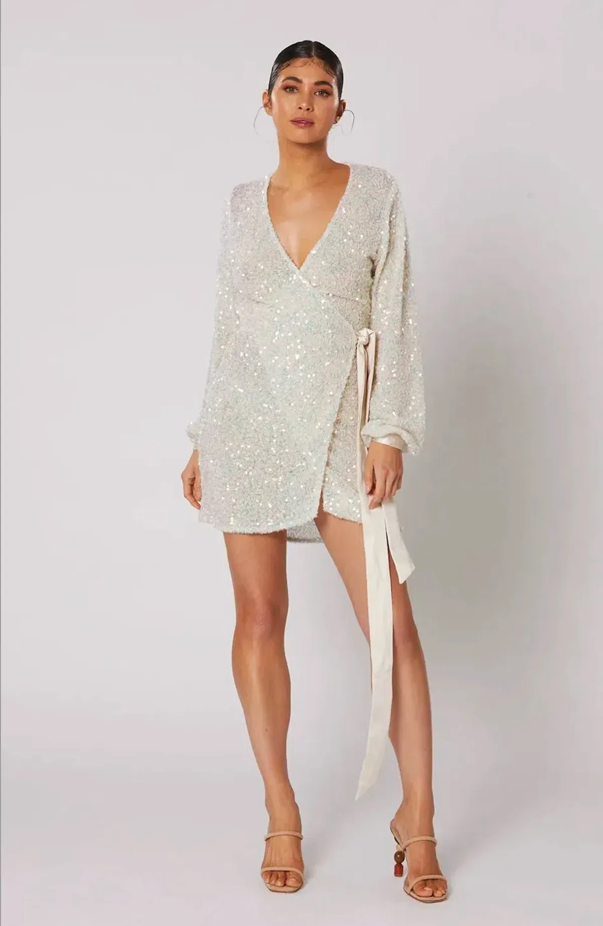 Winona Quinta Mini Wrap Dress Silver Sequin Size AU 8 / S for rent on The Volte - main image