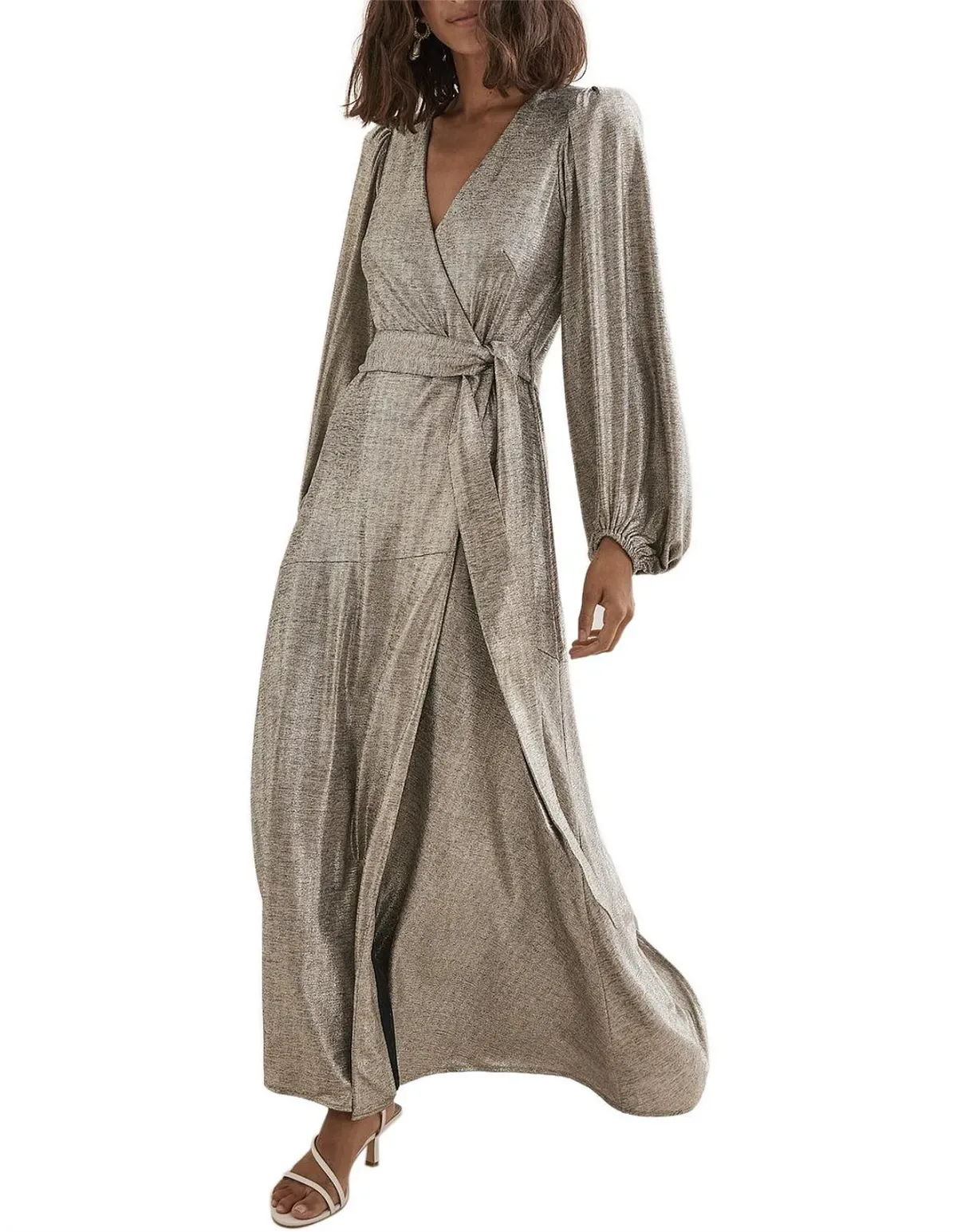 COUNTRY ROAD Metallic Wrap Maxi Dress in Pewter Gold - Size L / 14 women's for rent on The Volte - main image