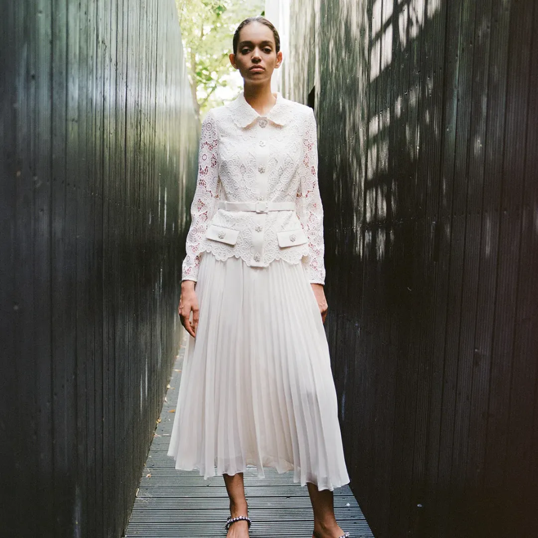 Self-Portrait Belted Crystal Embellished Guipure Lace Midi Dress for rent on The Volte - main image