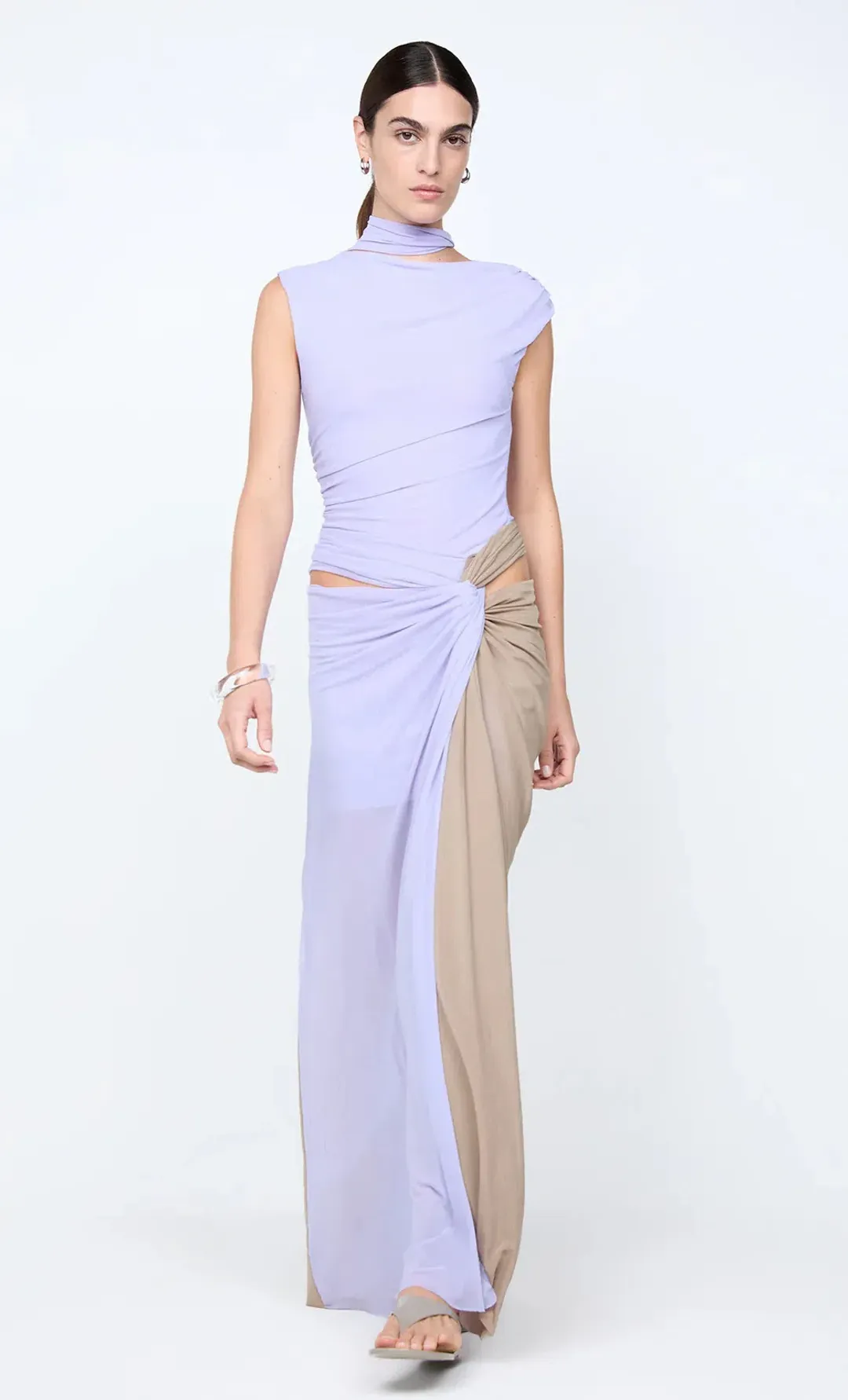 BEC & BRIDGE Connie Twist Maxi Dress in Wisteria Taupe Size 10 for rent on The Volte - main image