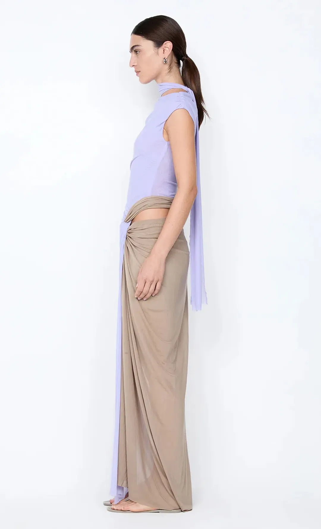 BEC & BRIDGE Connie Twist Maxi Dress in Wisteria Taupe Size 10 for rent on The Volte - main image